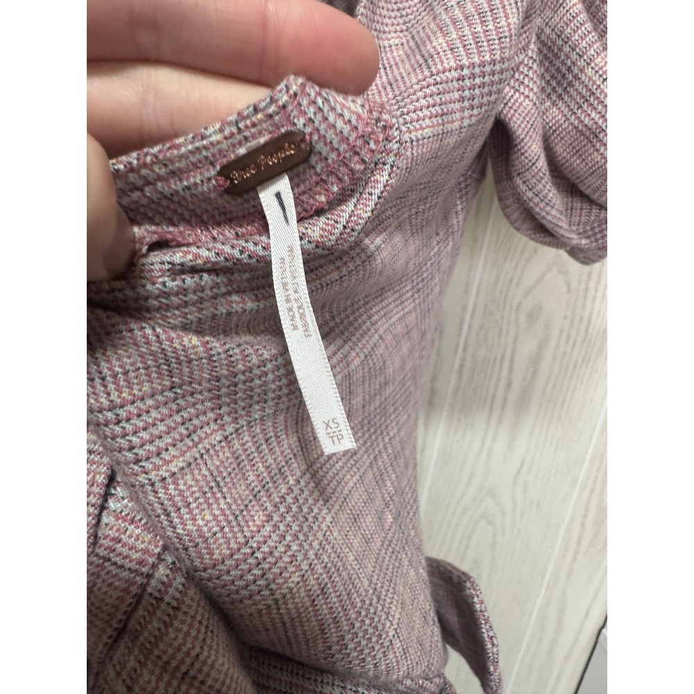 Free People Mauve Plaid Puff Sleeve Open Back Pleated Mini Dress with Belt XS - Picture 11 of 11